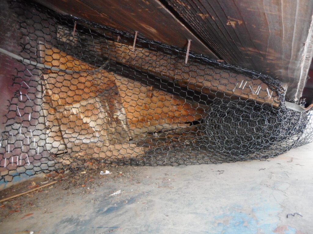 ネズミ駆除にて屋根の隙間を金網で封鎖しネズミ対策を行う